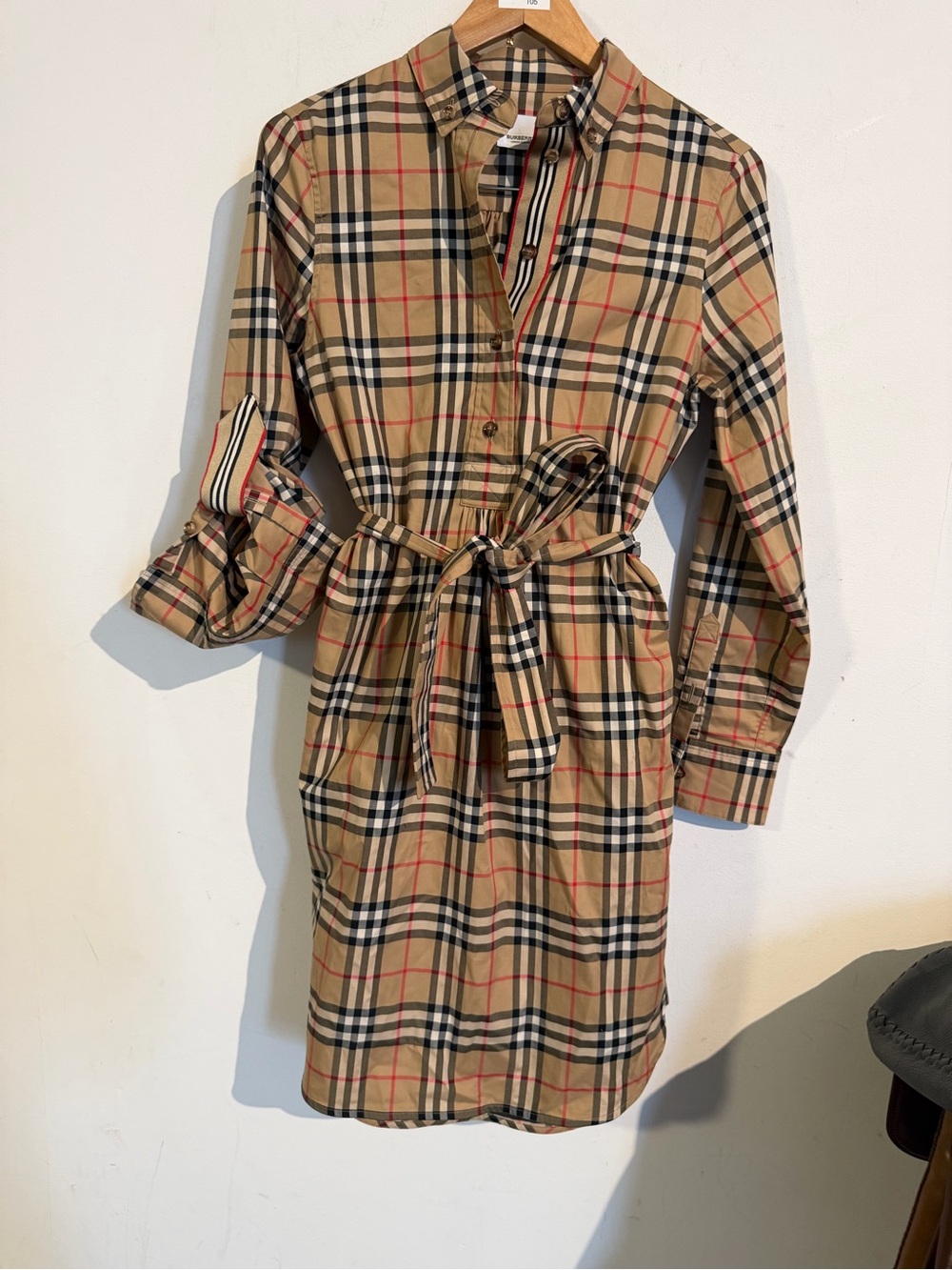 Burberry Plaid Shirt Dress with Waist Tie - Tan, Black & Red
